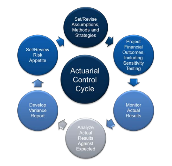 the Actuarial Control Cycle; a series of cyclical steps including setting assumptions, monitoring results, and developing variance reporting